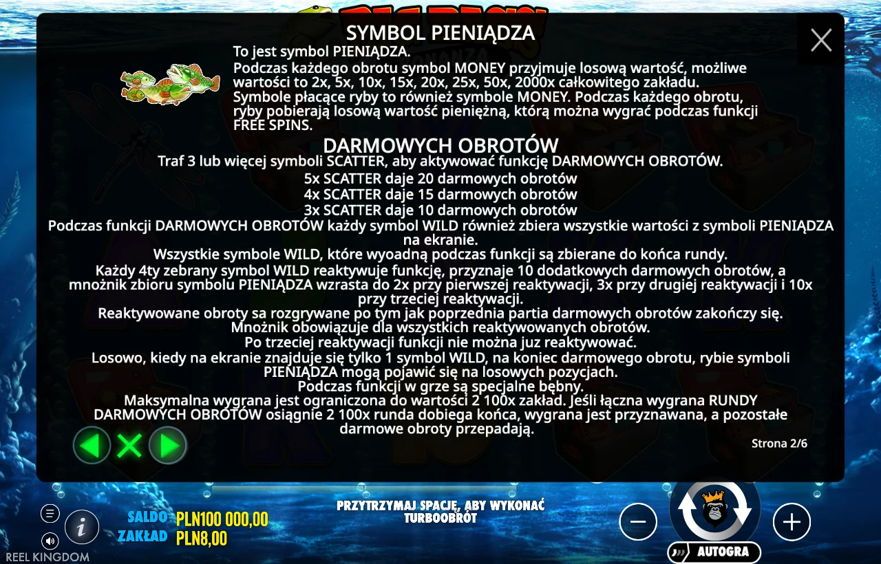 Instrukcja Big Bass Bonanza opisująca symbole pieniężne i darmowe obroty