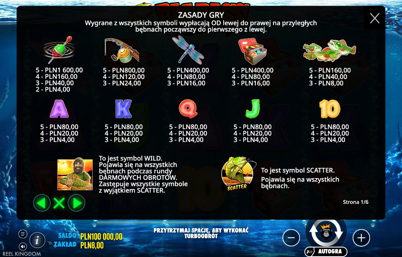 Polska tabela wypłat Big Bass Bonanza i oznaczenia Wild oraz Scatter