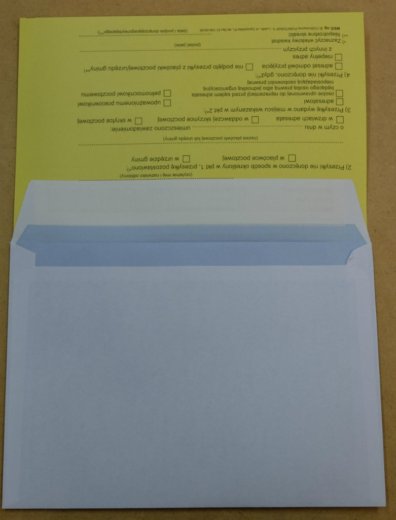 Koperto-zwrotka C6 HK z żółtym potwierdzeniem odbioru Koperto-zwrotka C6 HK z żółtym potwierdzeniem odbioru