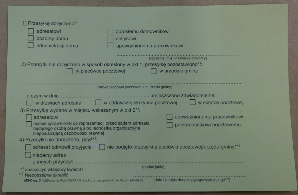 Potwierdzenie odbioru jednostronne RÓŻNE KOLORY Potwierdzenie odbioru jednostronne RÓŻNE KOLORY