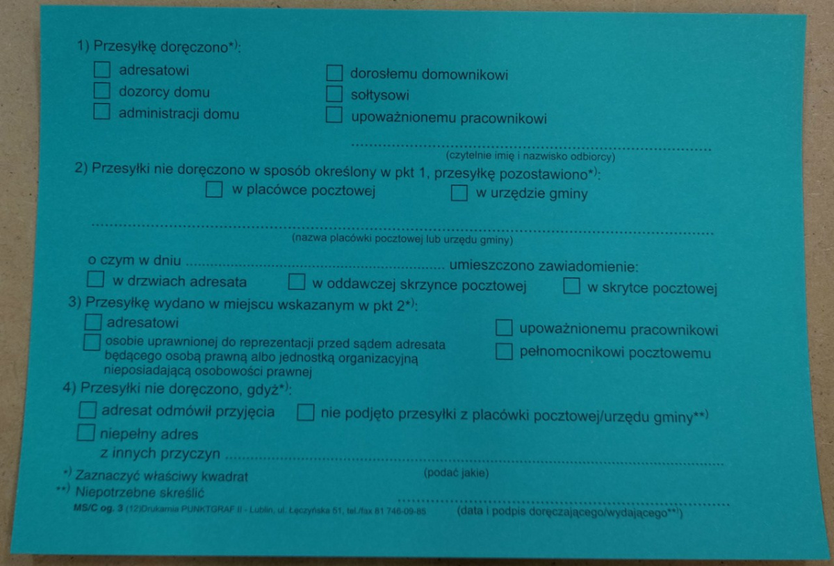 Potwierdzenie odbioru jednostronne RÓŻNE KOLORY Potwierdzenie odbioru jednostronne RÓŻNE KOLORY