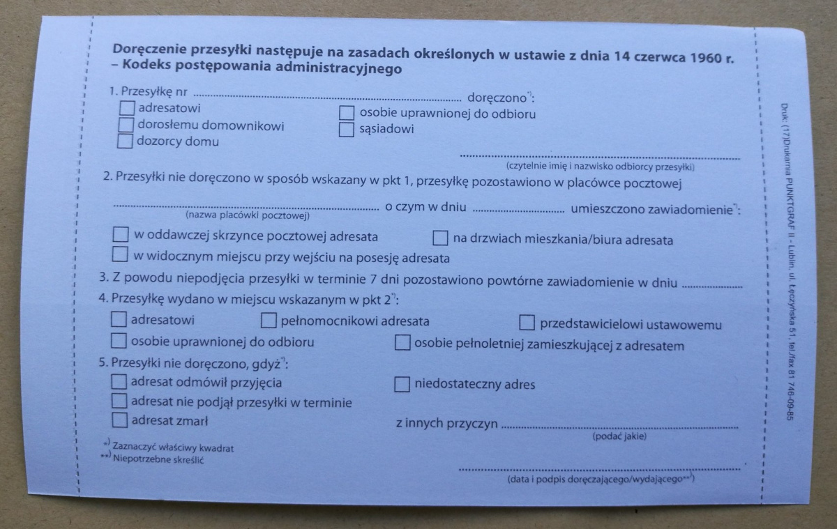 Potwierdzenie odbioru wg KPA wzór 1 Potwierdzenie odbioru wg KPA wzór 1