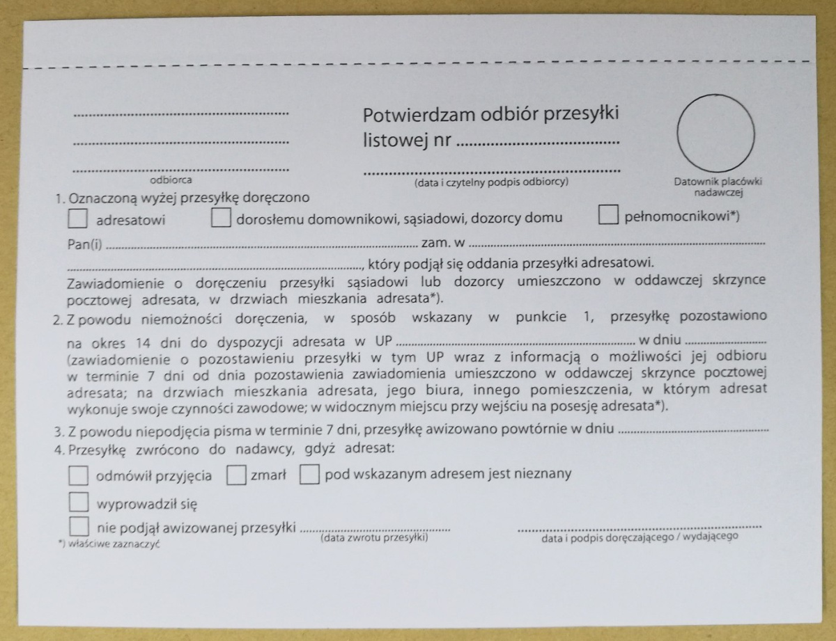 Potwierdzenie odbioru wg KPA wzór 3 Potwierdzenie odbioru wg KPA wzór 3