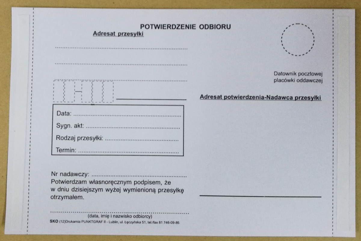 Potwierdzenie odbioru wg KPA wzór 4 Potwierdzenie odbioru wg KPA wzór 4