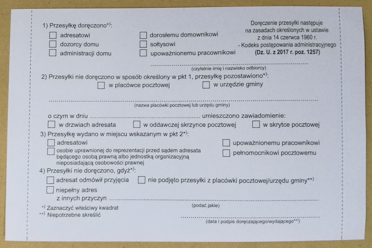 Potwierdzenie odbioru wg KPA wzór 4 Potwierdzenie odbioru wg KPA wzór 4
