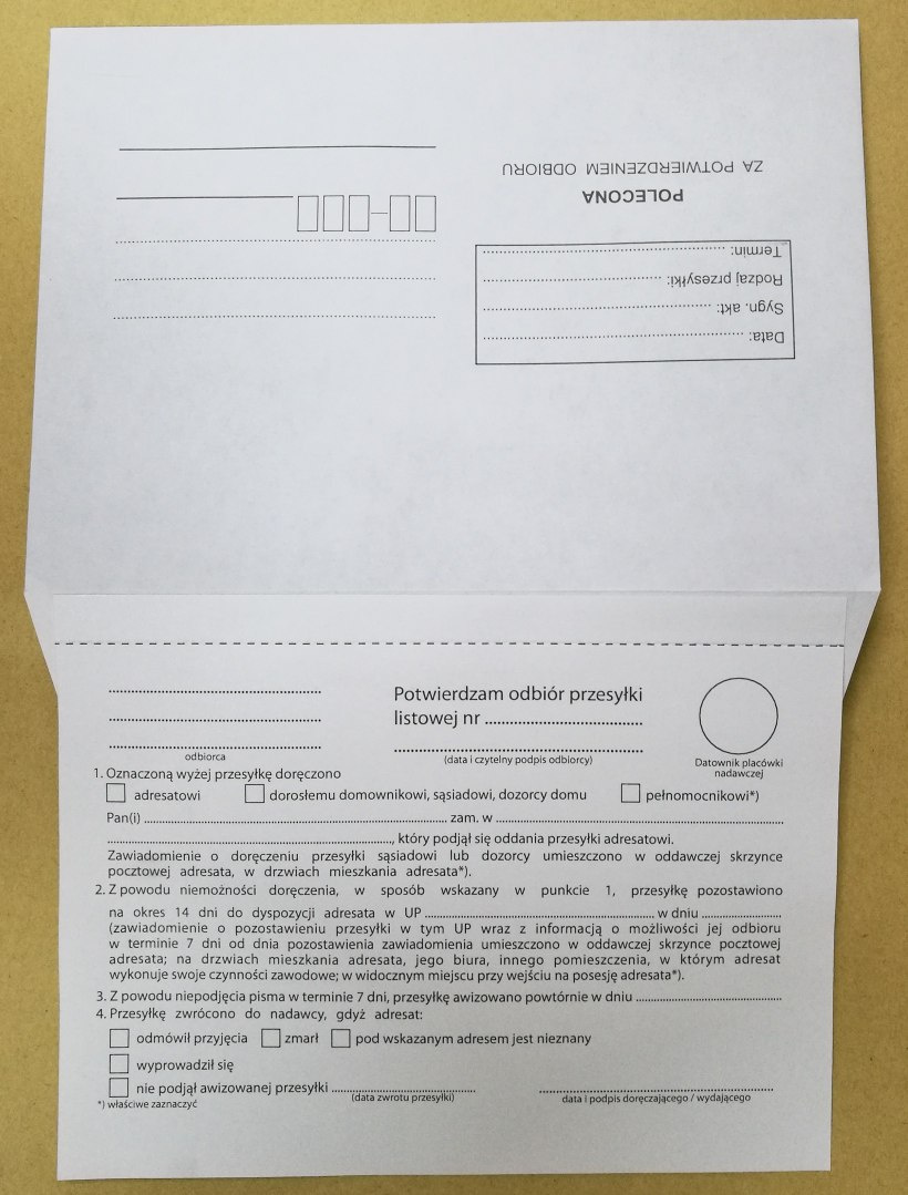 Kopreta C6 HK z nadrukiem z potwierdzeniem odbioru wg KPA Kopreta C6 HK z nadrukiem z potwierdzeniem odbioru wg KPA