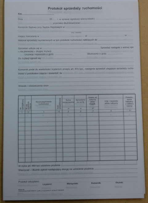 Protokół sprzedaży ruchomości A4 samokopiujący Protokół sprzedaży ruchomości A4 samokopiujący