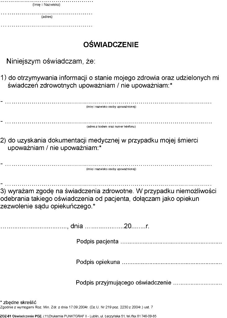 Oświadczenie POZ - 3 pkt. Oświadczenie POZ - 3 pkt.