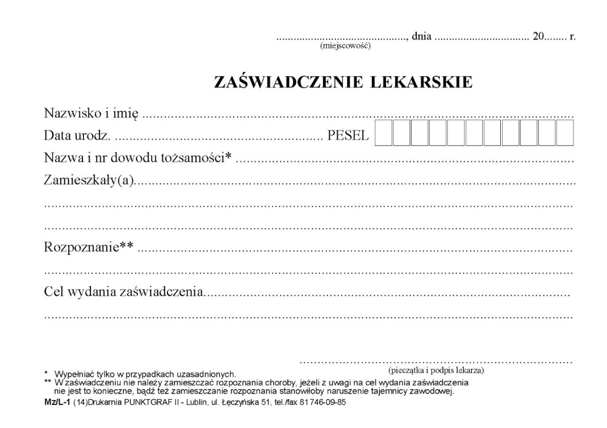 Zaświadczenie lekarskie Mz/L-1 Zaświadczenie lekarskie Mz/L-1